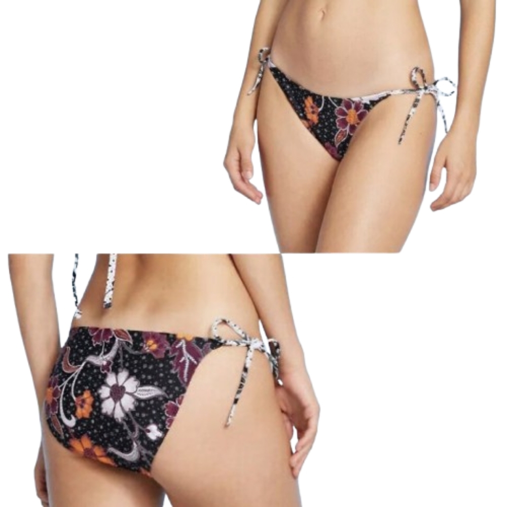 Xhilaration Bikini Bottoms Black Multicolor Floral Hipster Tie Sides NWT